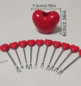 10pcs; Love Fruit Forks; Stainless Steel Cake Fork Set; Home Snacks Tableware Set; Kitchen Household Items; Valentine's Day Party Favors